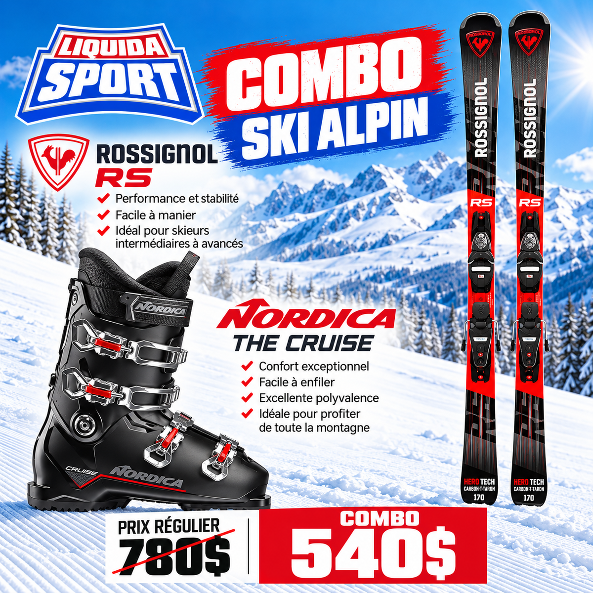 COMBO SKI ALPIN ROSSIGNOL RS HOMME ET BOTTE Nordica The Cruise