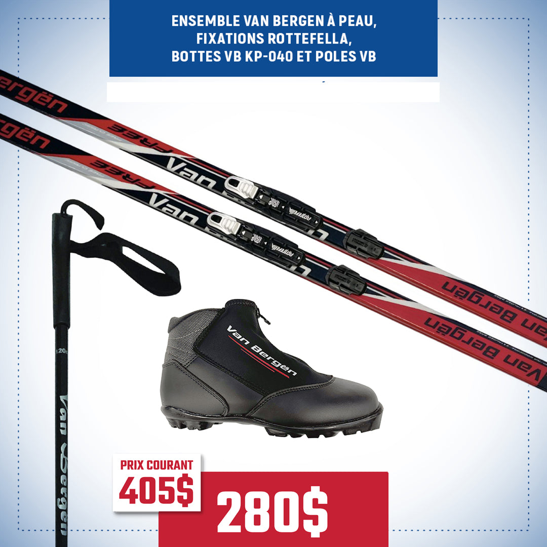 Ensemble de ski de fond Van Bergen – Ski à Peau avec Fixations Rottefella, Bottes VB KP-040 et Bâtons VB